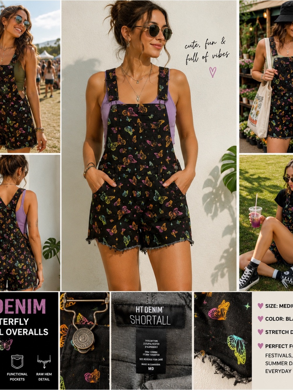 HT Denim Butterfly Shortall Overalls Medium Black Neon Fairycore Whimsygoth Y2K